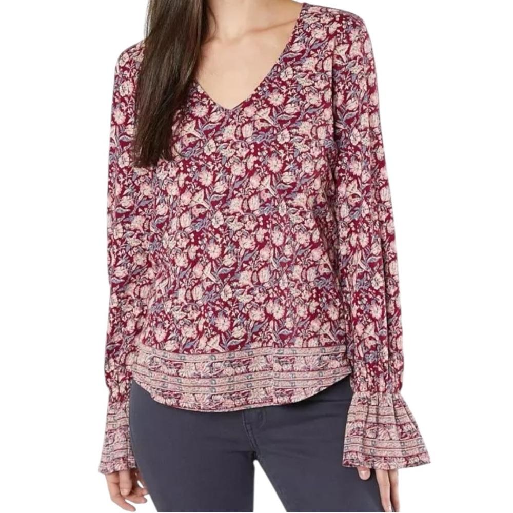 Lucky Brand Floral Burgundy Contrast Border Long Bell Sleeve Lightweight Blouse
